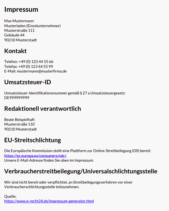 Muster für ein rechtssicheres und DSGVO-konformes Impressum