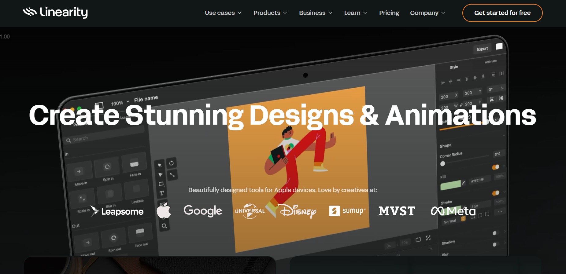 Website von Linearity mit Designsoftware und Markenlogos