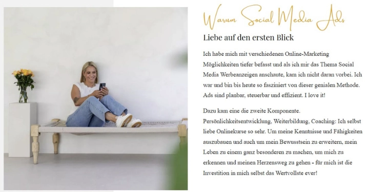 Screenshot der Über-mich-Seite von Andrea Grimm: Ihr Warum