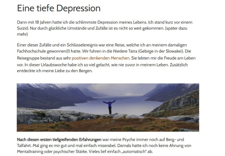 Screenshot von Grit Schönherrs Über-mich-Seite mit Text über eine depressive Phase und einem Bild aus den Bergen.
