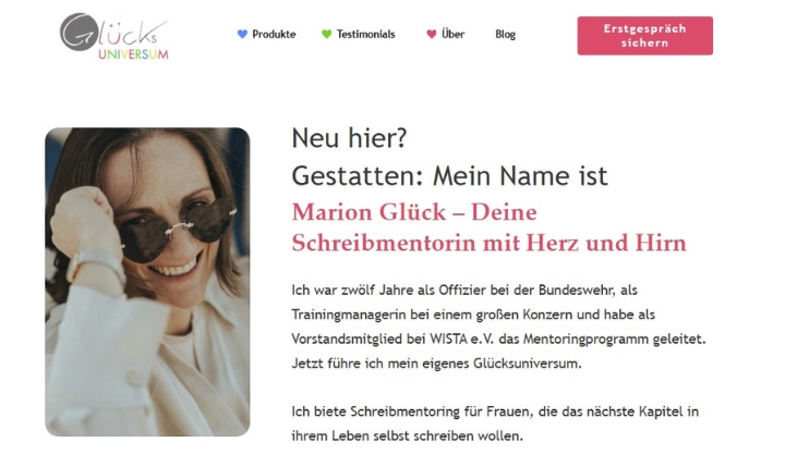 Screenshot der neuen Über-mich-Seite von Marion Glück